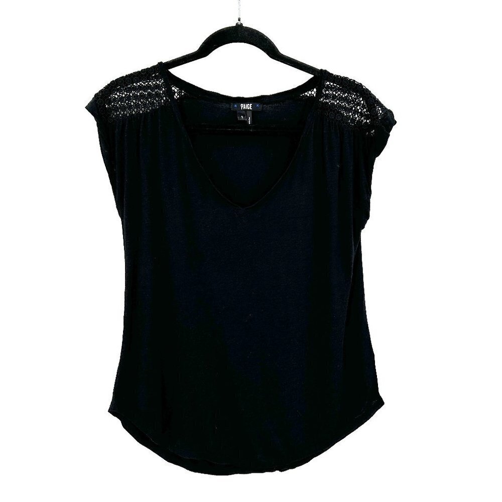 PAIGE Basic Black Crochet Shoulder Burnout Short Sleeve T-Shirt Size Small